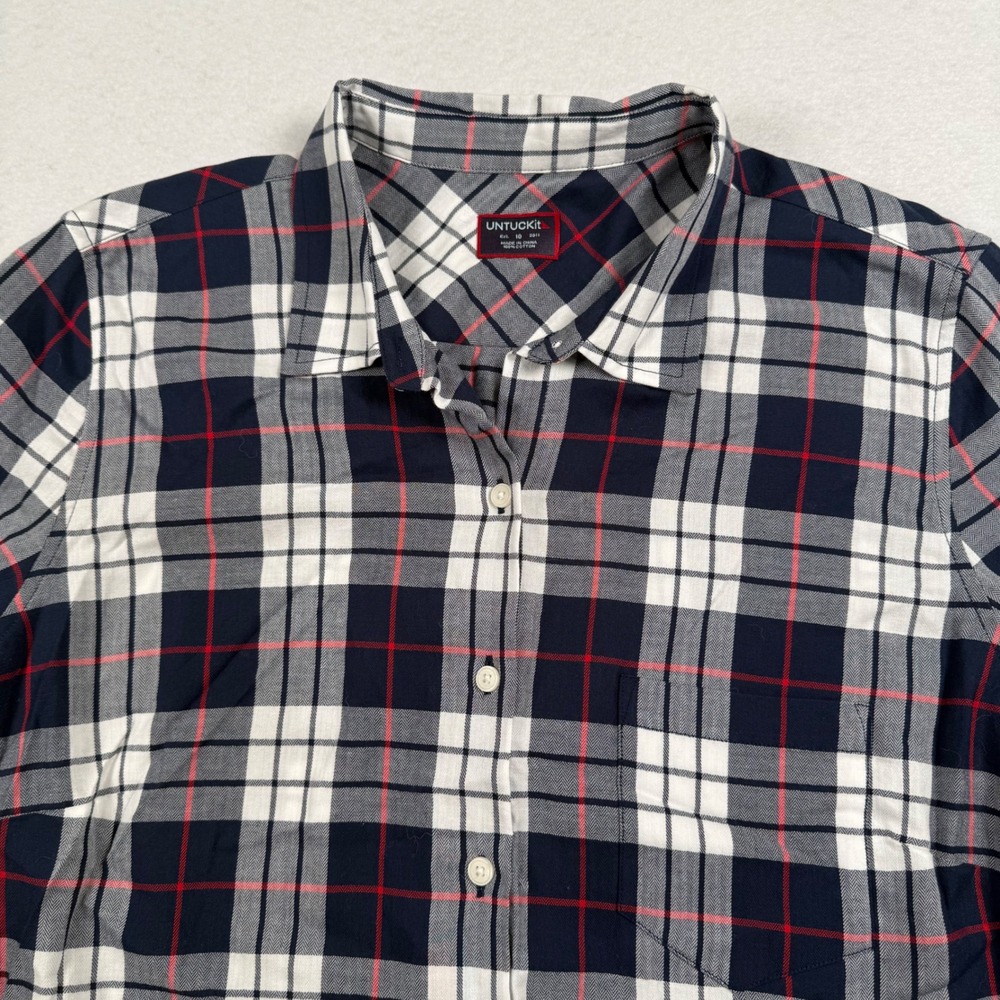 UNTUCKit‎ Button Down Shirt Womens 10 Navy Blue Plaid Cotton Casual